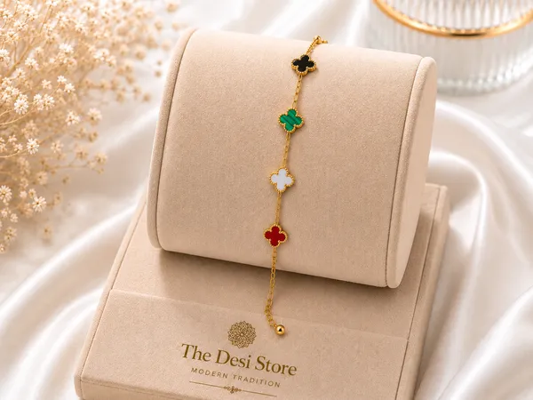 Gold_Tone_Stainless_Steel_Multicolor_Clover_Charm_Bracelet_For_Women