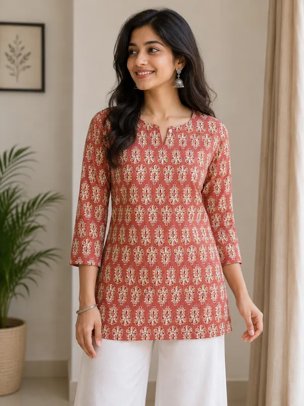 Red_Cotton_Straight_Short_Floral_Print_Kurti_For_Women