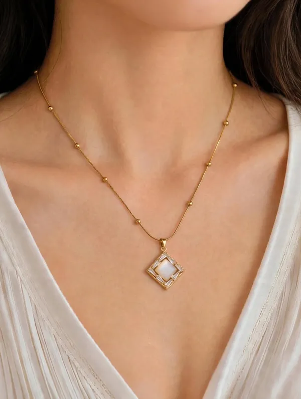 White_Square_Mother_of_Pearl_Pendant_Necklace_with_Gold_Bead_Chain_-_Baguette_Crystal_Office_Wear_Necklace