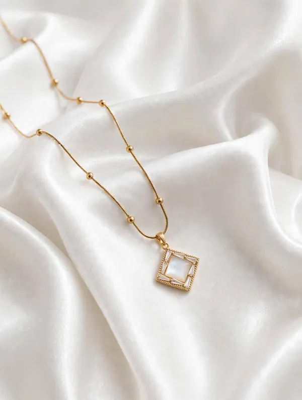 White_Square_Mother_of_Pearl_Pendant_Necklace_with_Gold_Bead_Chain_-_Baguette_Crystal_Office_Wear_Necklace