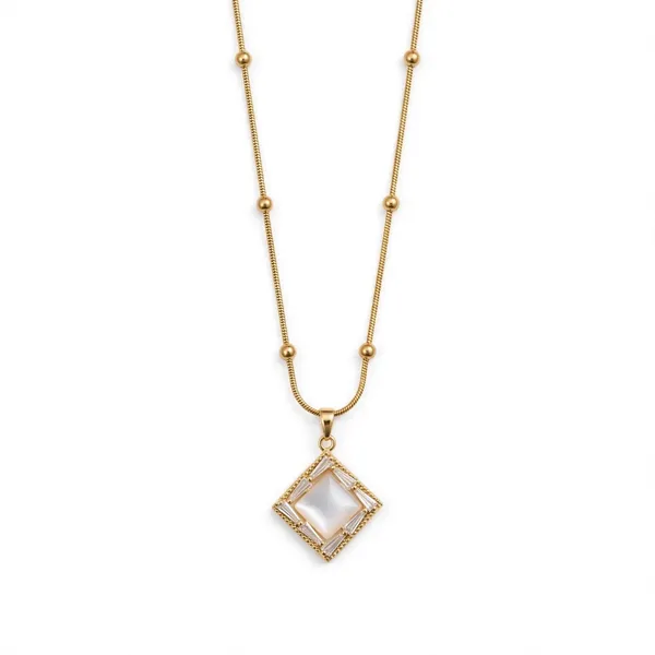 White_Square_Mother_of_Pearl_Pendant_Necklace_with_Gold_Bead_Chain_-_Baguette_Crystal_Office_Wear_Necklace