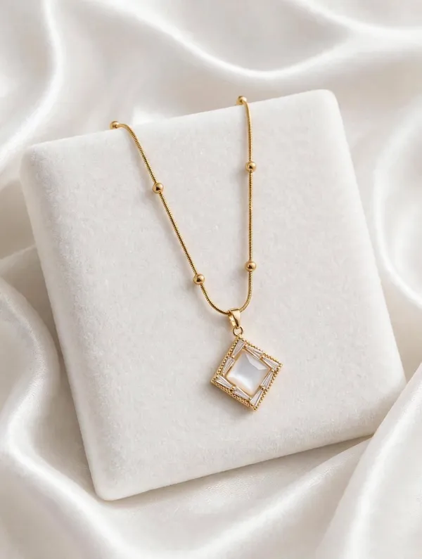 White_Square_Mother_of_Pearl_Pendant_Necklace_with_Gold_Bead_Chain_-_Baguette_Crystal_Office_Wear_Necklace