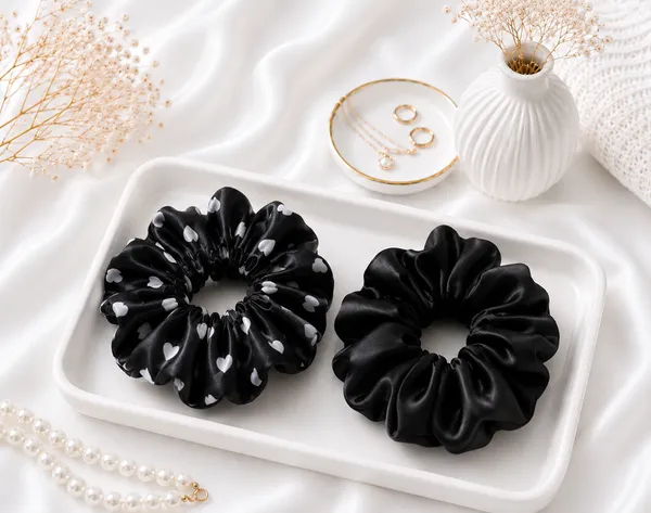 Black_Silk_Satin_Heart_Print_Hair_Scrunchie_For_Women