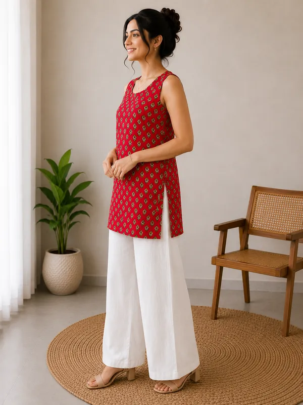 Red_Cotton_Printed_Sleeveless_Straight_Kurti_For_Women
