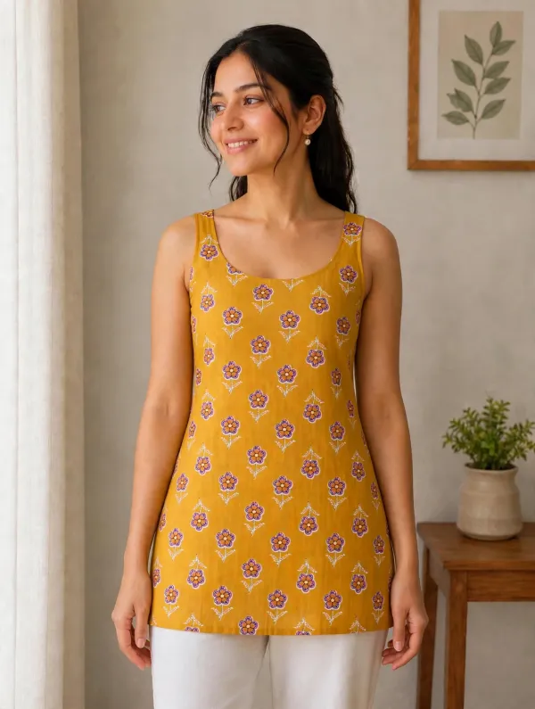 Yellow_Sleveless_Short_Kurti_For_Women