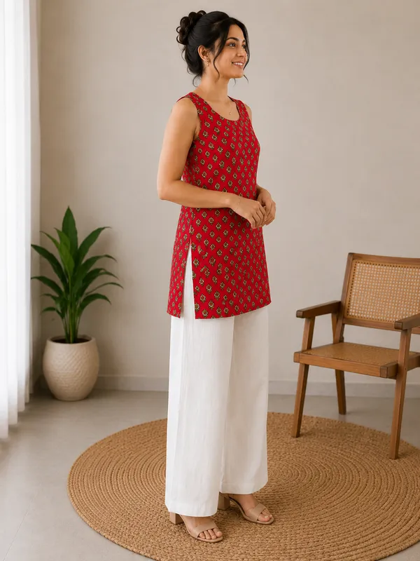 Red_Cotton_Printed_Sleeveless_Straight_Kurti_For_Women