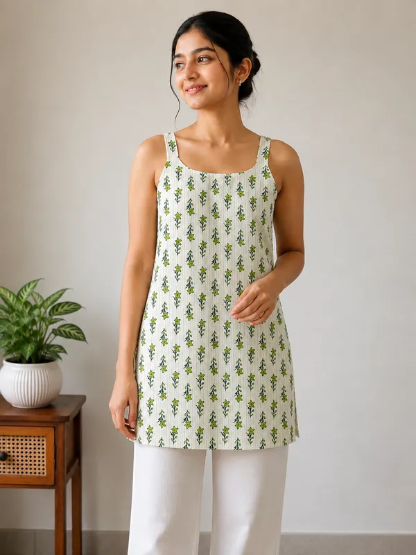 white_&_green_sleveless_Short_Kurti_For_Women