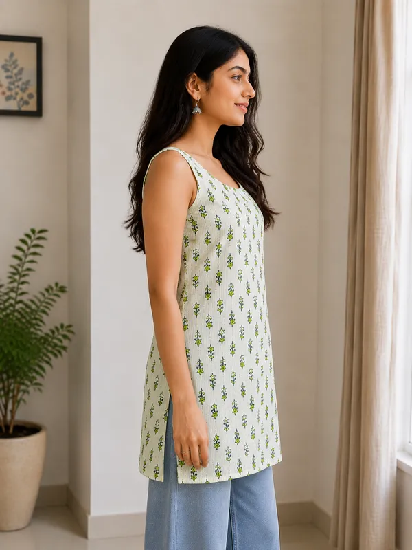 white_&_green_sleveless_Short_Kurti_For_Women