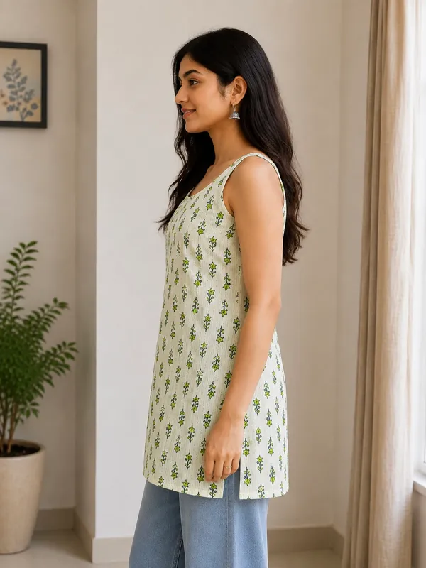 white_&_green_sleveless_Short_Kurti_For_Women