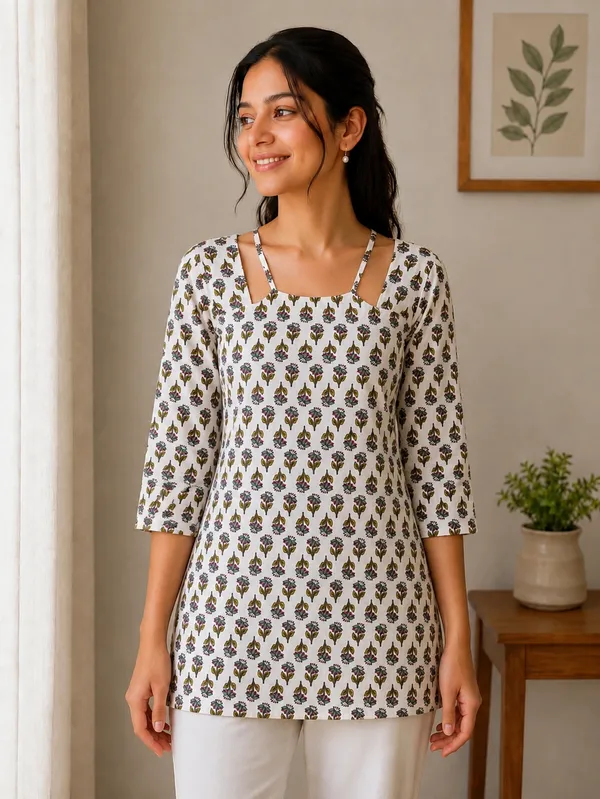 white_&_green_sleves_Short_Kurti_For_Women
