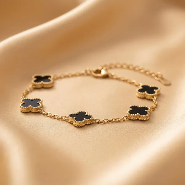 Gold_And_Black_Alloy_Black_Enamel_Clover_Charm_Bracelet_For_Women