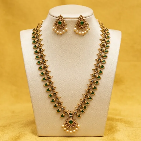 Gold_Alloy_Emerald_Temple_Drop_Long_Necklace_Set_For_Women