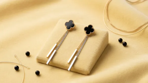Gold_Alloy_Black_Clover_Chain_Drop_Earrings_For_Women