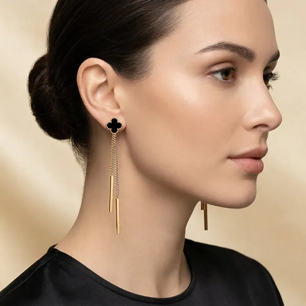 Gold_Alloy_Black_Clover_Chain_Drop_Earrings_For_Women