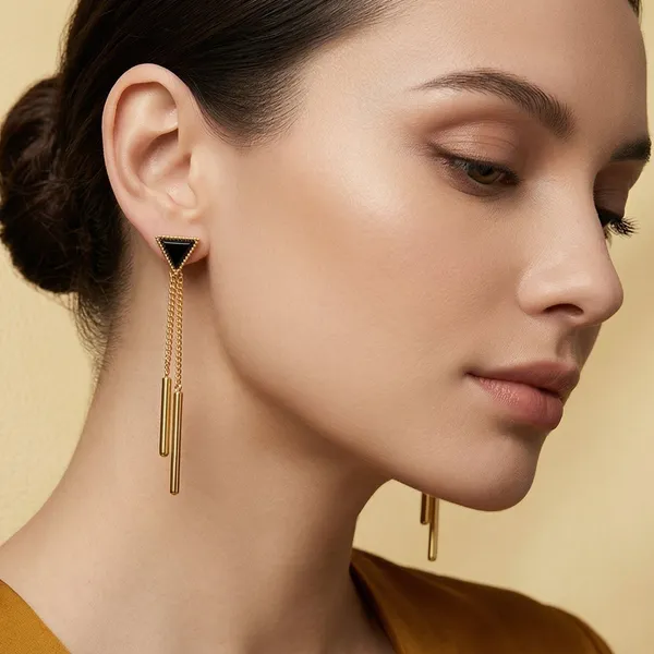 Gold_And_Black_Alloy_Emerald_Triangle_Chain_Drop_Earrings_For_Women