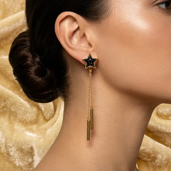 Gold_Alloy_Black_Star_Stud_Chain_Bar_Drop_Earrings_For_Women