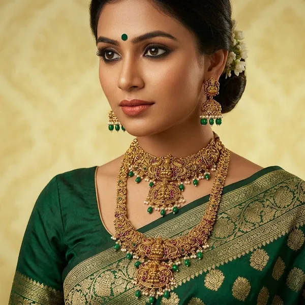 Gold_Alloy_Temple_Goddess_Motif_Necklace_Set_For_Women