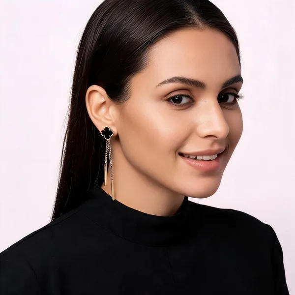 Gold_Alloy_Black_Clover_Chain_Drop_Earrings_For_Women