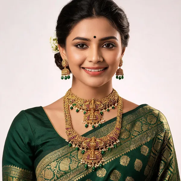 Gold_Alloy_Temple_Goddess_Motif_Necklace_Set_For_Women