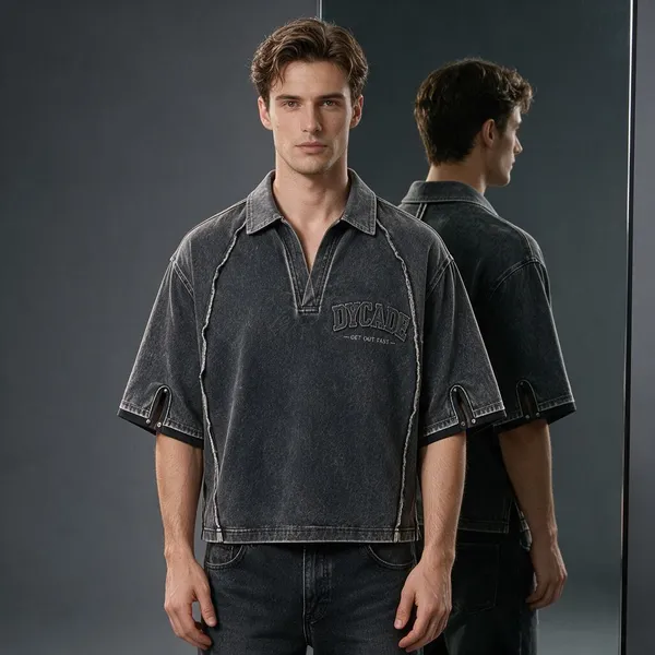 Charcoal_Acid_Washed_Terry_Cotton_Half-Zip_T-Shirt_For_Unisex