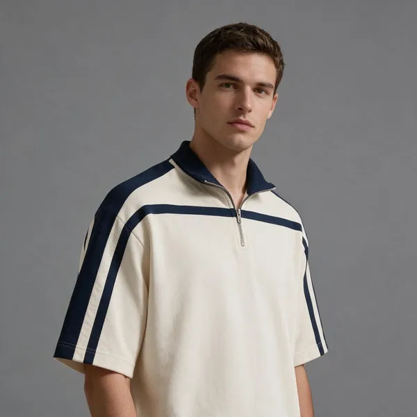 Cream_Terry_Cotton_Quarter-Zip_Striped_Polo_T-Shirt_For_Unisex
