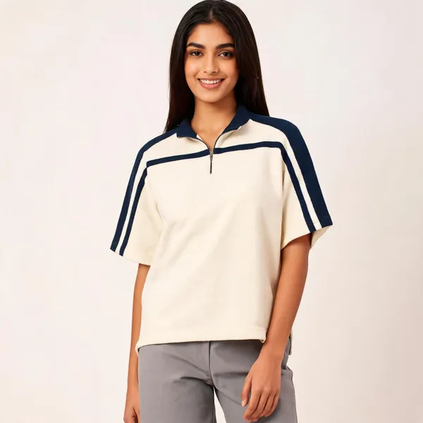 Cream_Terry_Cotton_Quarter-Zip_Striped_Polo_T-Shirt_For_Unisex