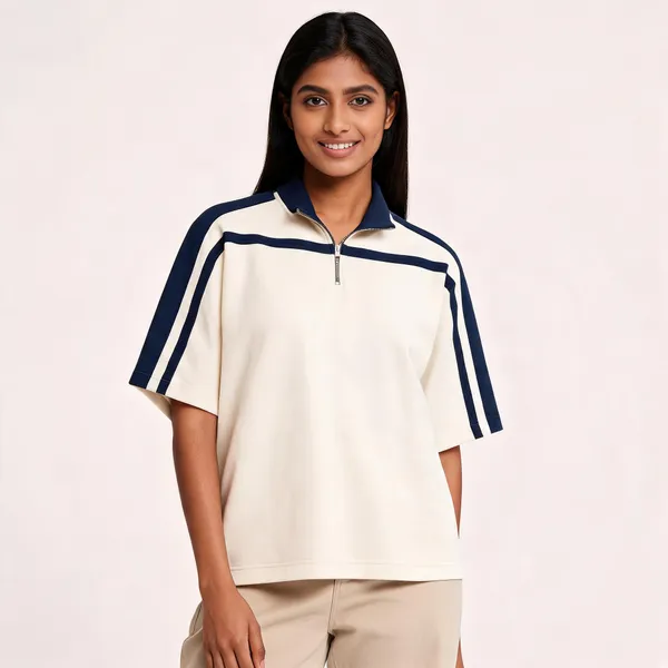 Cream_Terry_Cotton_Quarter-Zip_Striped_Polo_T-Shirt_For_Unisex