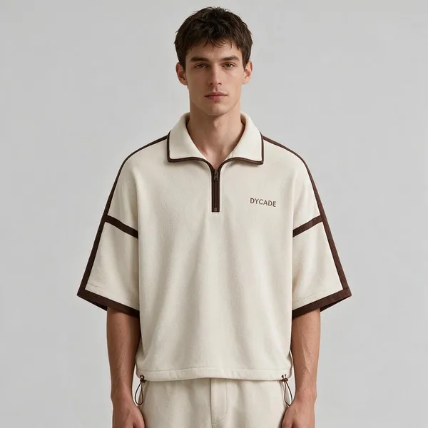 Cream_Terry_Cotton_Quarter-Zip_Polo_T-Shirt_For_Unisex