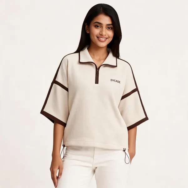 Cream_Terry_Cotton_Quarter-Zip_Polo_T-Shirt_For_Unisex