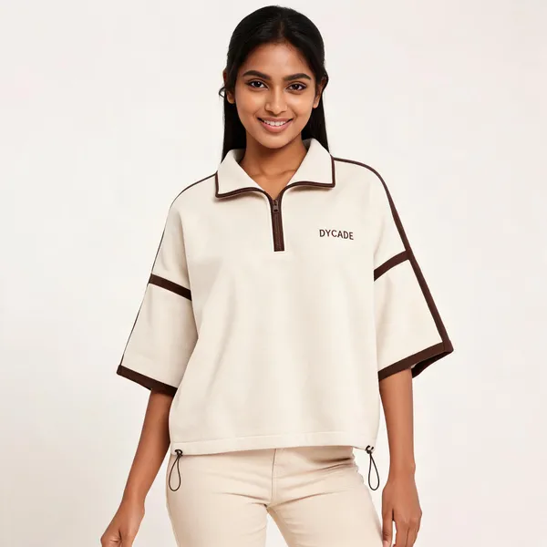 Cream_Terry_Cotton_Quarter-Zip_Polo_T-Shirt_For_Unisex
