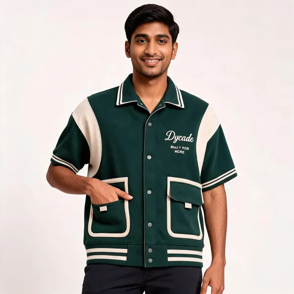 Dark_Green_Terry_Cotton_Contrast_Trim_Casual_T-Shirt_For_Unisex