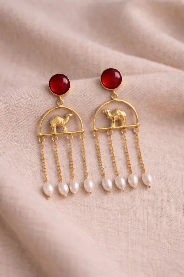 Caravan_Red_Stone_Camel_Motif_Pearl_Earrings_For_Women