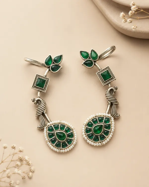 Oxidized_Silver_Green_Stone_Peacock_Ear_Cuff_Earrings_For_Women