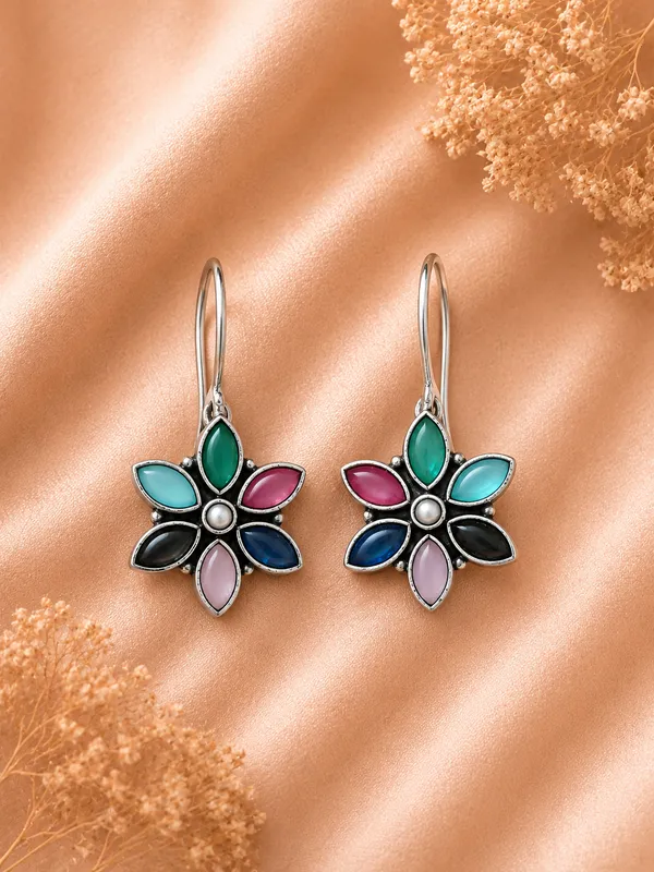 Madhumalti_flower-__Multicolor_Stone_German_Silver_Floral_Drop_Earrings_For_Women