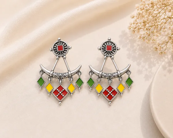 Voila_Red,_Green_Yellow-_Silver_Tribal_Earrings_For_Women