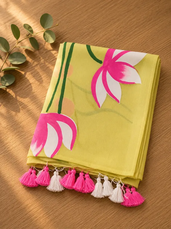 Light_Green_Mul_Cotton_Lotus_Print_Tassel_Saree_For_Women