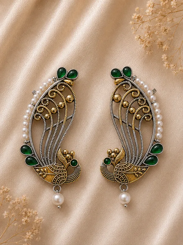 Peacock_Pearl_Earcuff_Green_For_Women