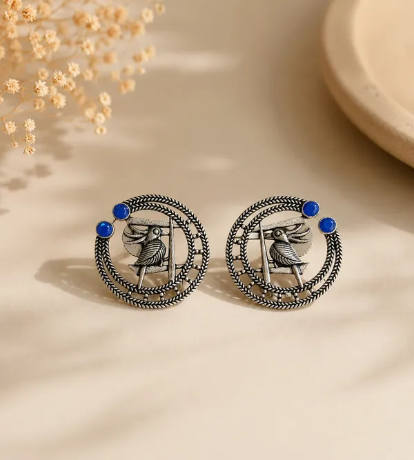 Parakeet_Silver_Toned_Blue_German_Silver_bird_Motif_stud_For_Women