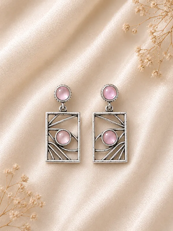 Malay_Pink_German_Silver_Pink_Stone_Geometric_Drop_Earrings_For_Women