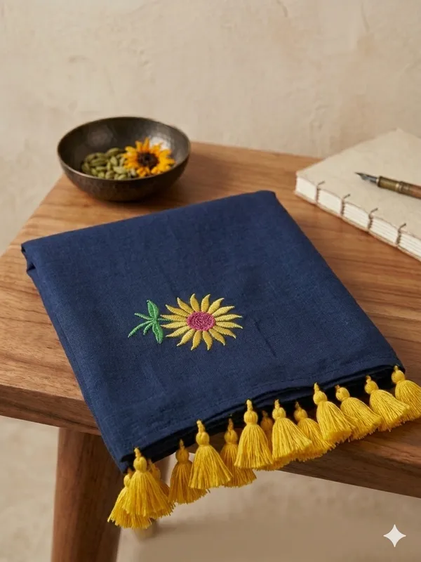 Navy_Mul_Cotton_Sunflower_Embroidered_Tassel_Saree_For_Women
