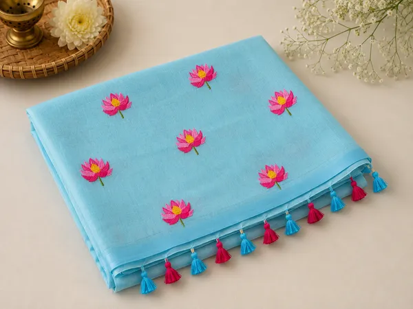 Sky_Blue_Mul_Cotton_Lotus_Embroidered_Tassel_Saree_For_Women