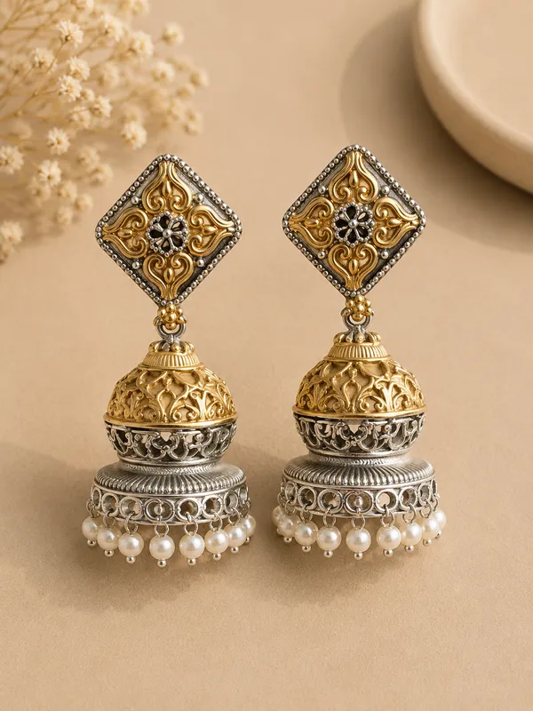 Piyali_Dual_Tone_German_Silver_Antique_Jhumka_For_Women