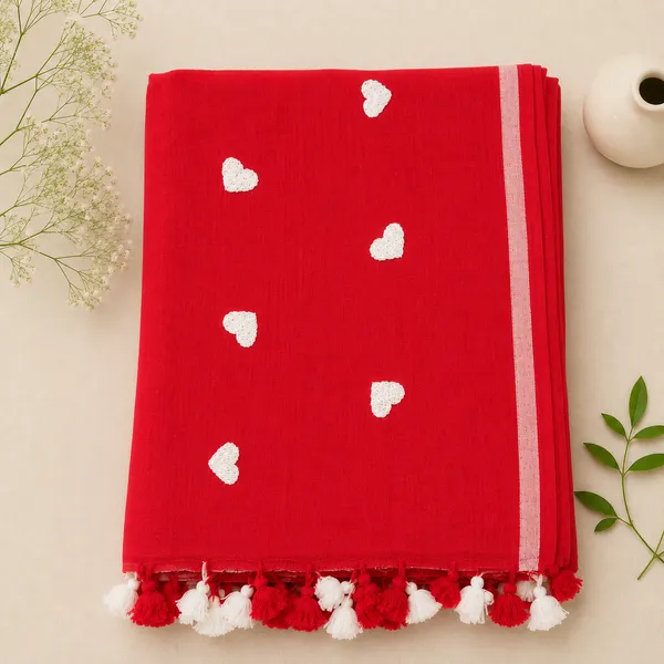 Red_White_Mulcotton_Heart_Embroidered_Tassel_Saree_For_Women