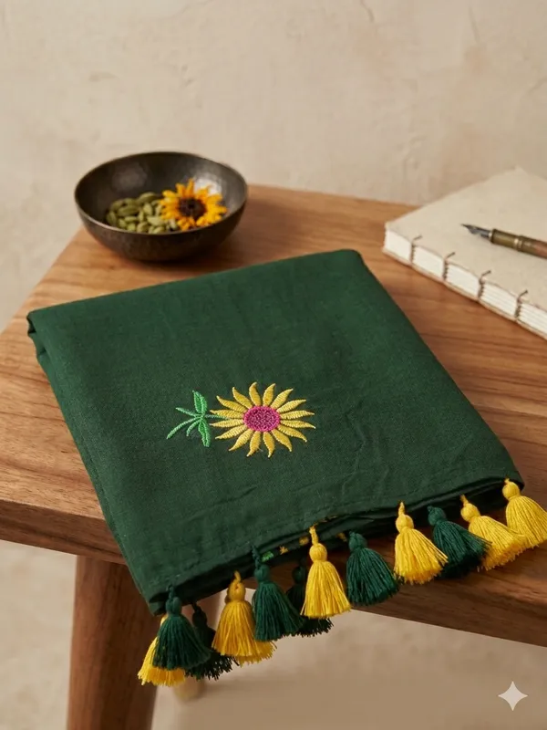 Dark_Green_Mul_Cotton_Embroidered_Saree_For_Women