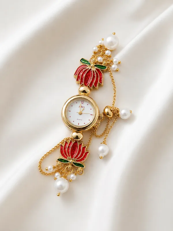 Padma_small_dial_Round_Red-_German_Silver_Lotus_Charm_Pearl_Bracelet_Watch