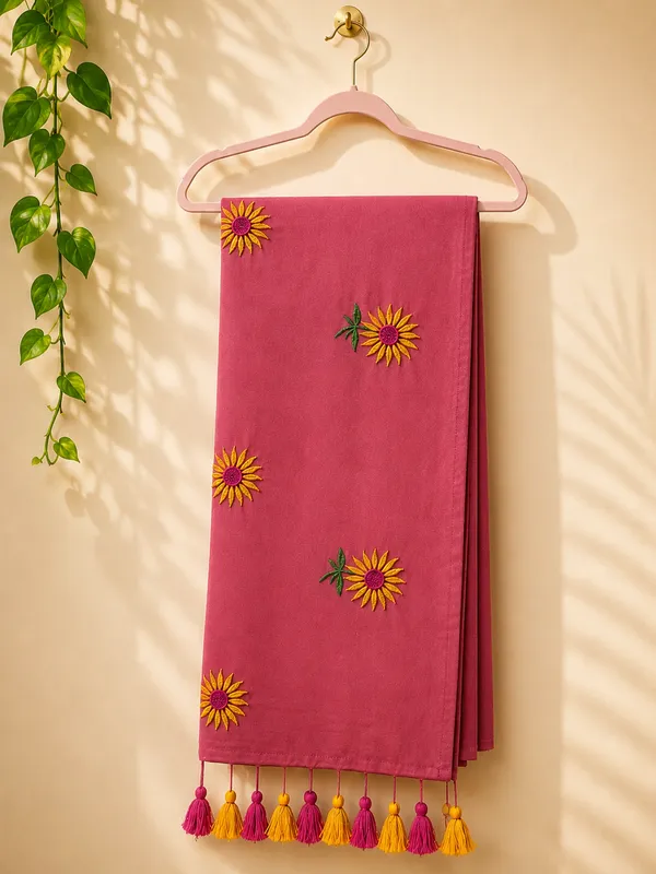Dark_Pink_Mul_Cotton_Sunflower_Embroidered_Tassel_Saree_For_Women