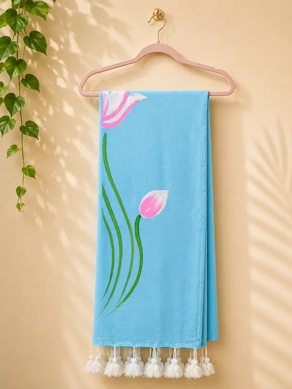 Sky_Blue_Mul_Cotton_Hand_Painted_Tulip_Tassel_Saree_For_Women
