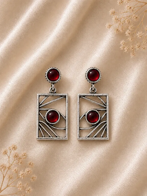 Malay-_Silver_German_Silver_Red_Stone_Geometric_Drop_Earrings_For_Women