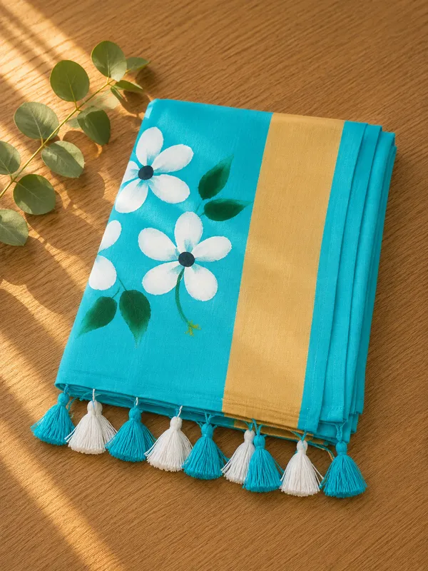 Sea_Green_Off_White_Mul_Cotton_Floral_hand_painted_Saree_For_Women