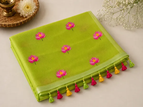 Light_Green_Mul_Cotton_Lotus_Embroidered_Tassel_Saree_For_Women